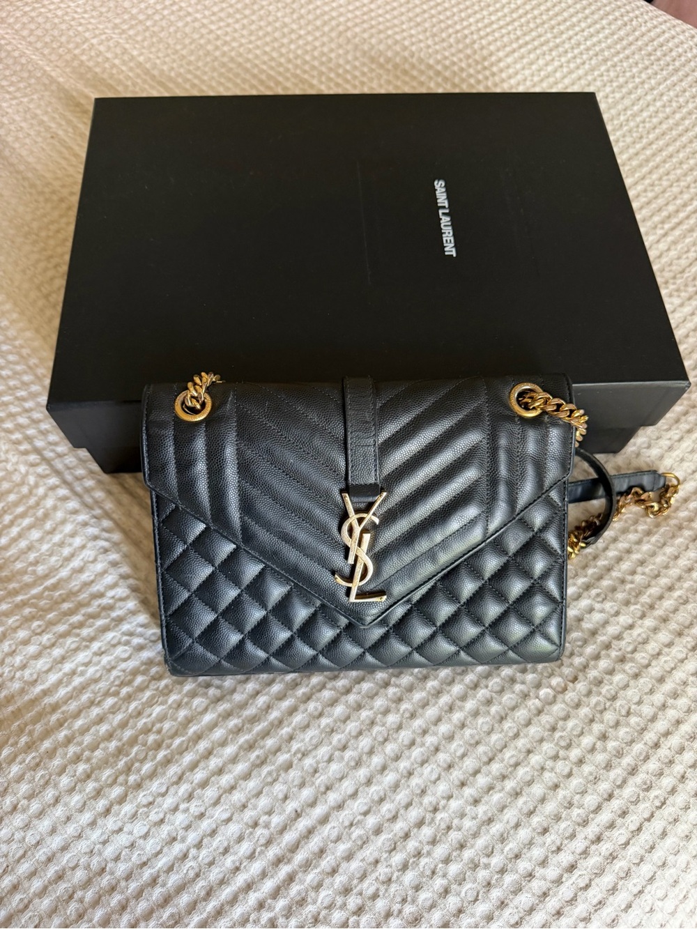Saint Laurent Envelope Triquilt Medium YSL Shoulder Bag in Grained Leather